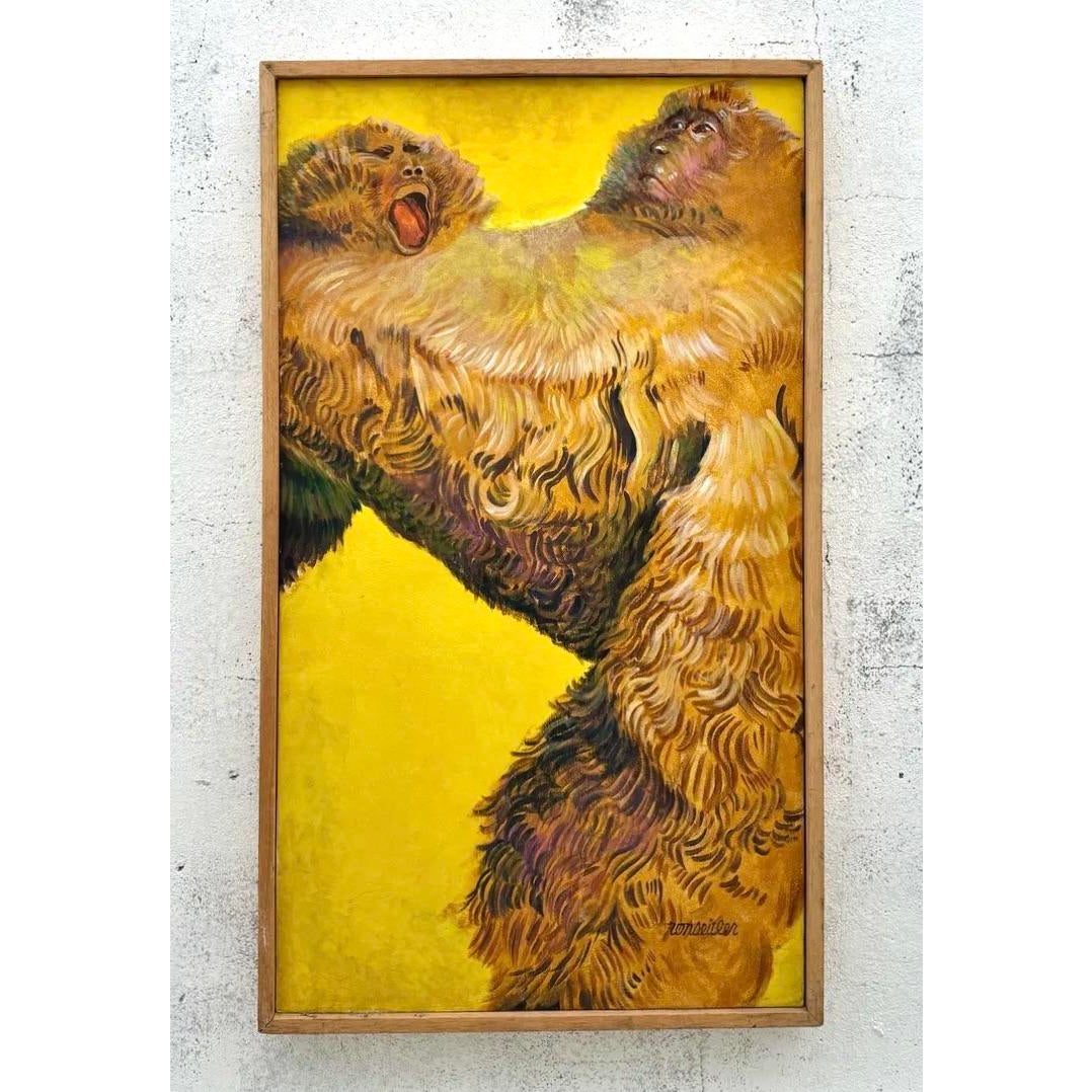 Vintage Boho Abstract Monkey Painting on Canvas - Side view