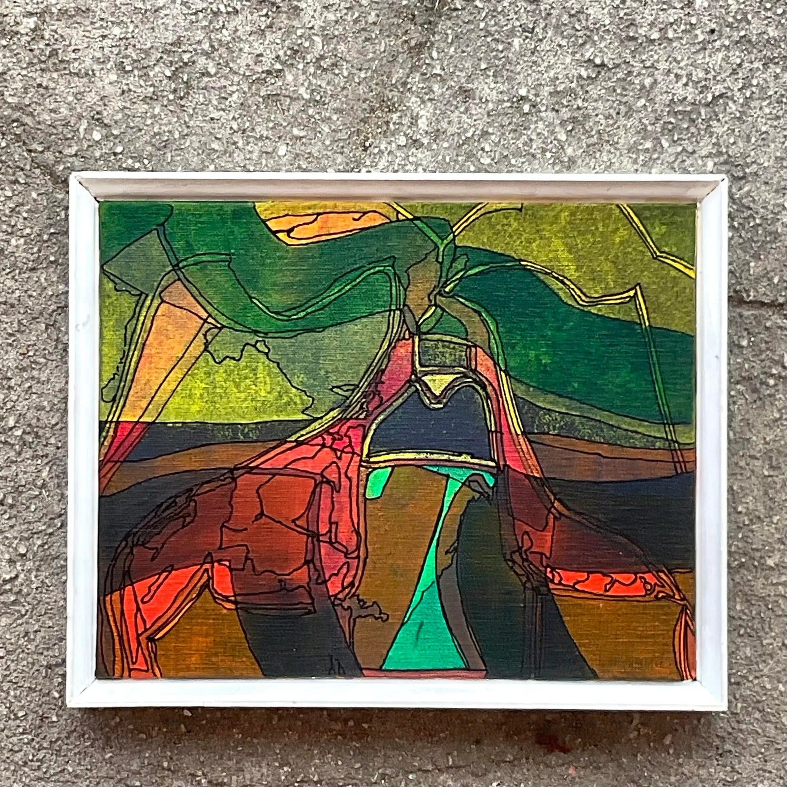 Vintage Boho Abstract Original Oil on Canvas Painting - Top view