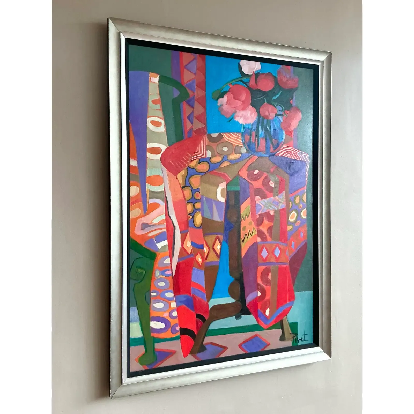 Vintage Boho Abstract Painting Oil on Canvas - Side view