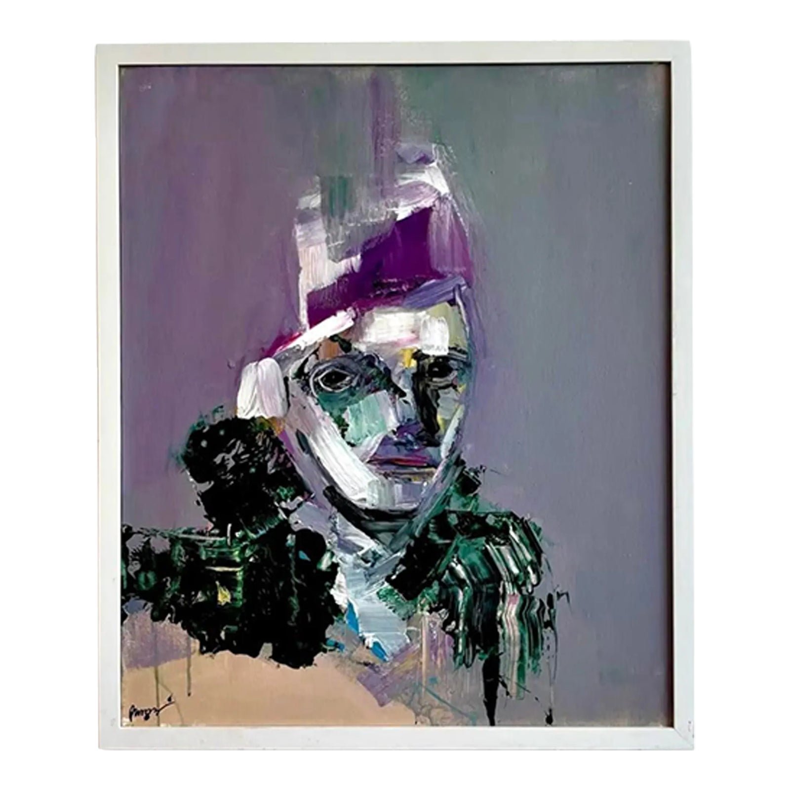 Vintage Boho Abstract Purple Tone Painting in White Frame