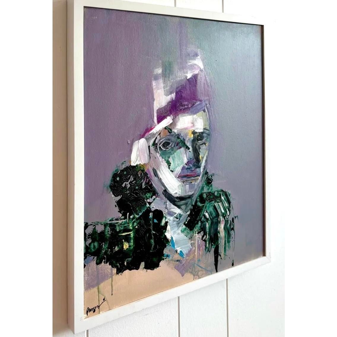 Vintage Boho Abstract Purple Tone Painting in White Frame - Detail view