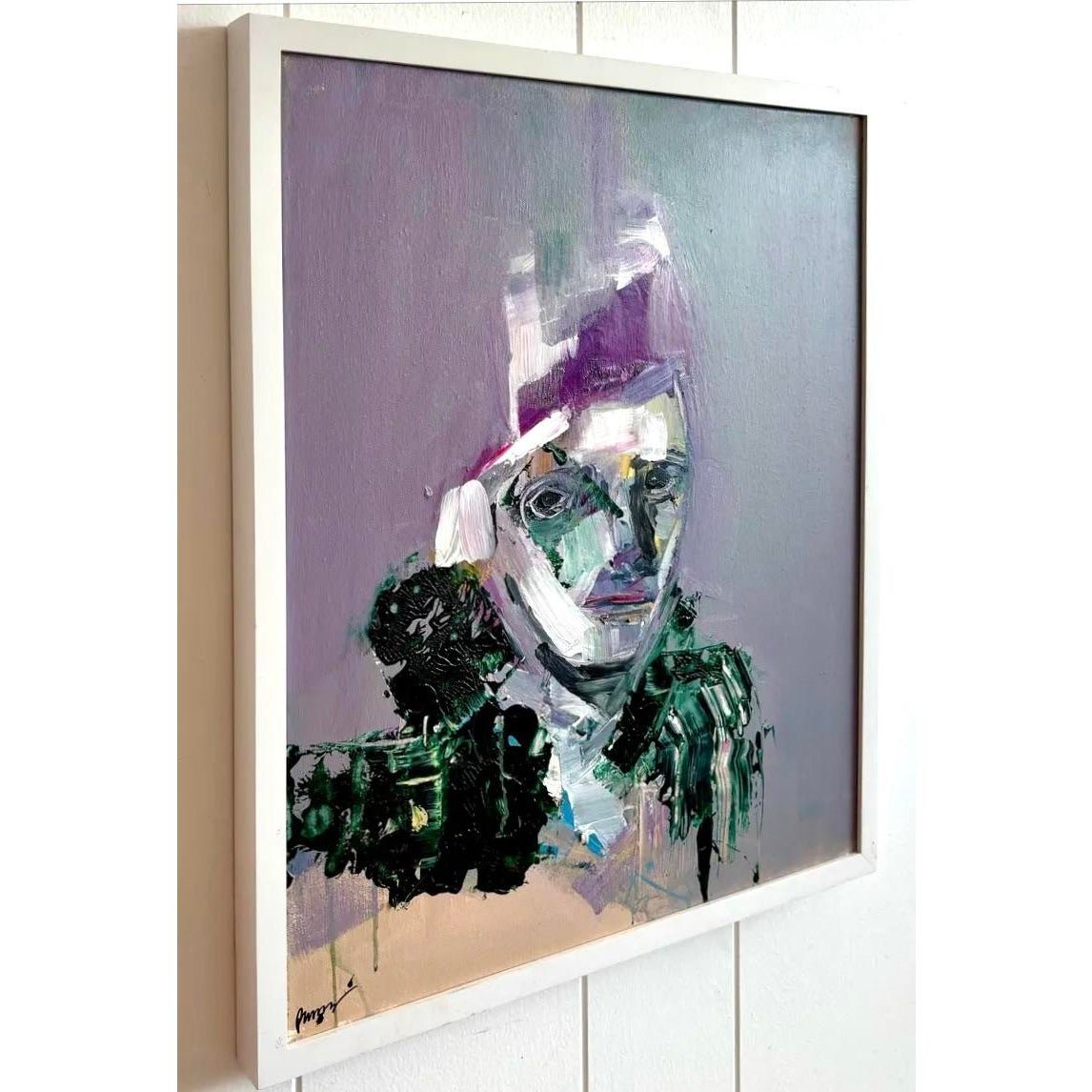Vintage Boho Abstract Purple Tone Painting in White Frame - Top view
