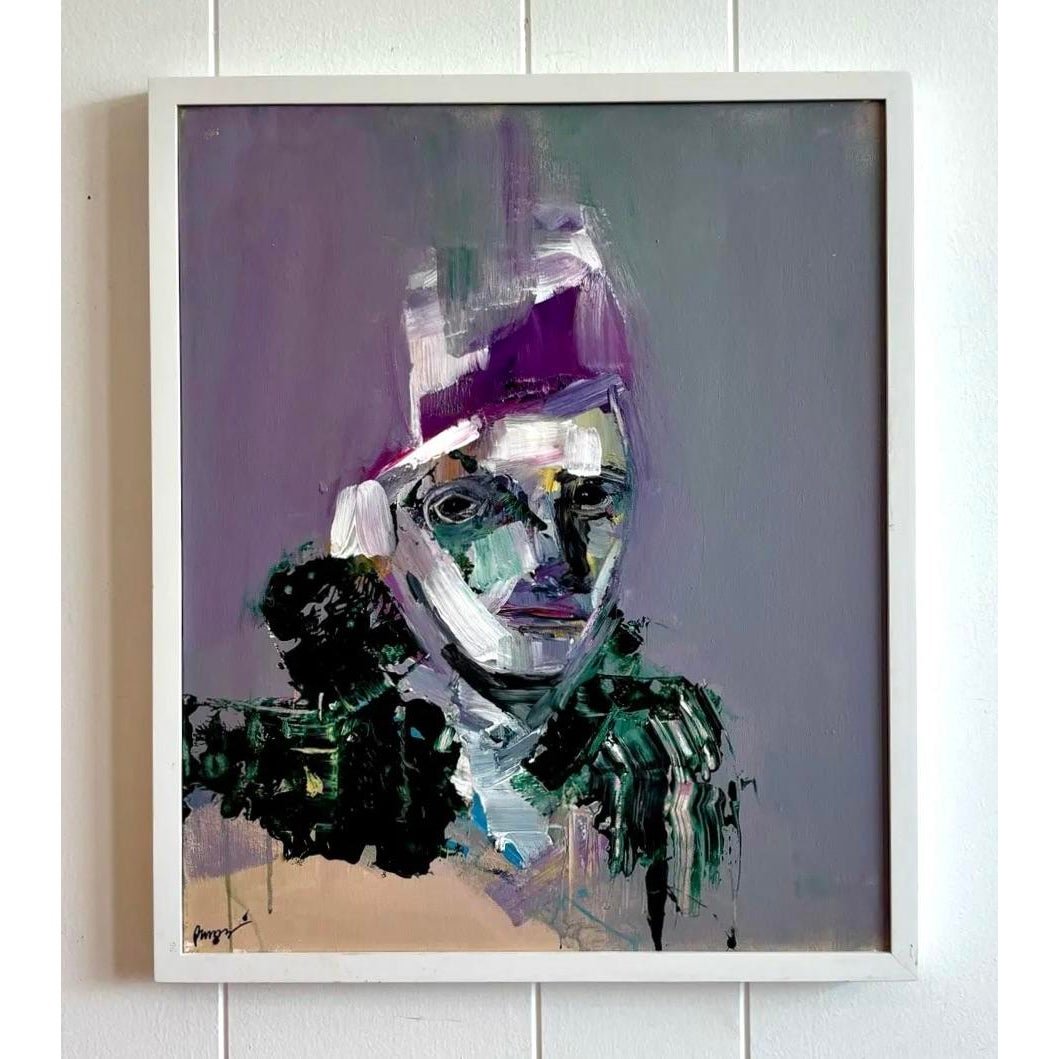 Vintage Boho Abstract Purple Tone Painting in White Frame - Side view