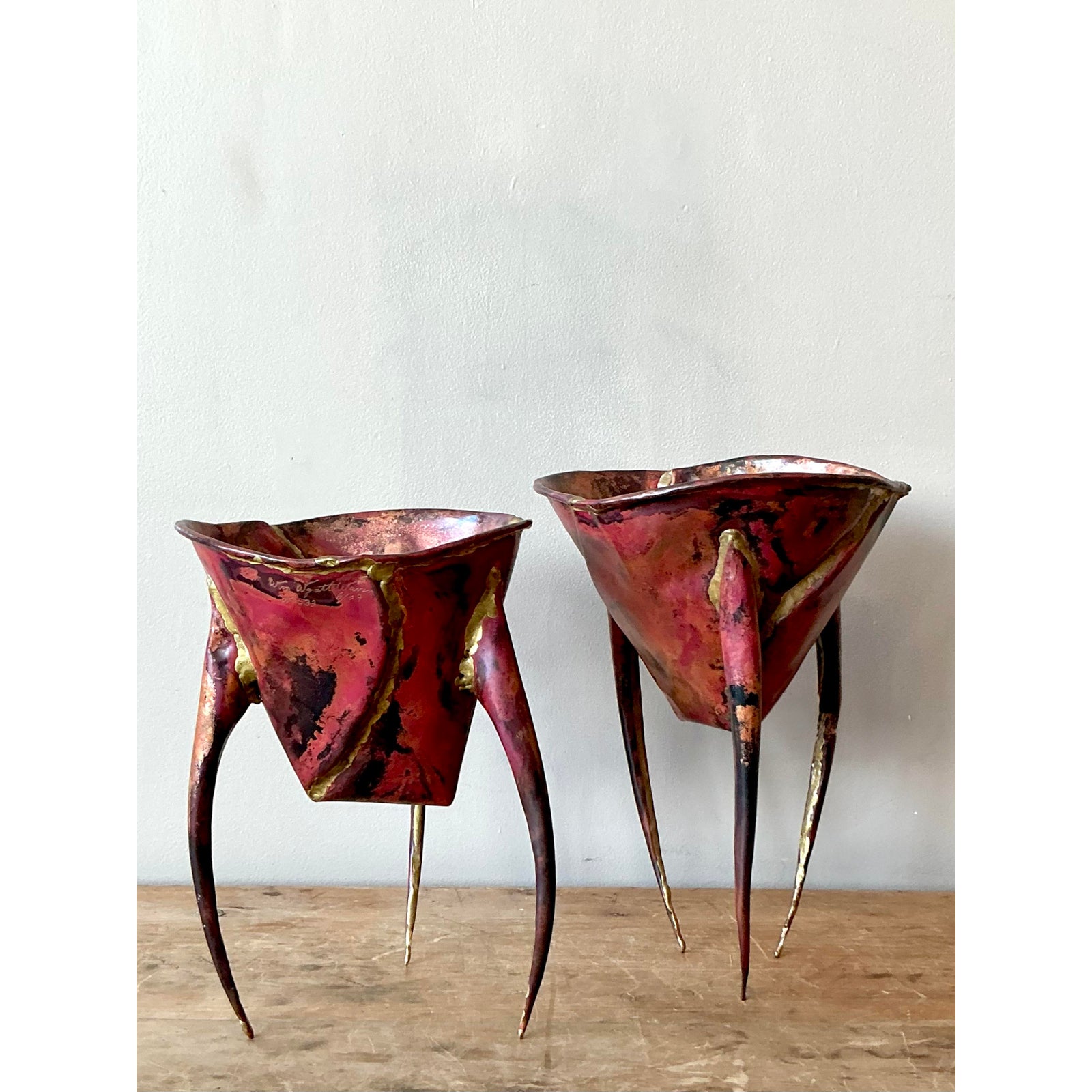 Vintage Boho Abstract Sculptural Metal Bowls - Set of 2 - Side view