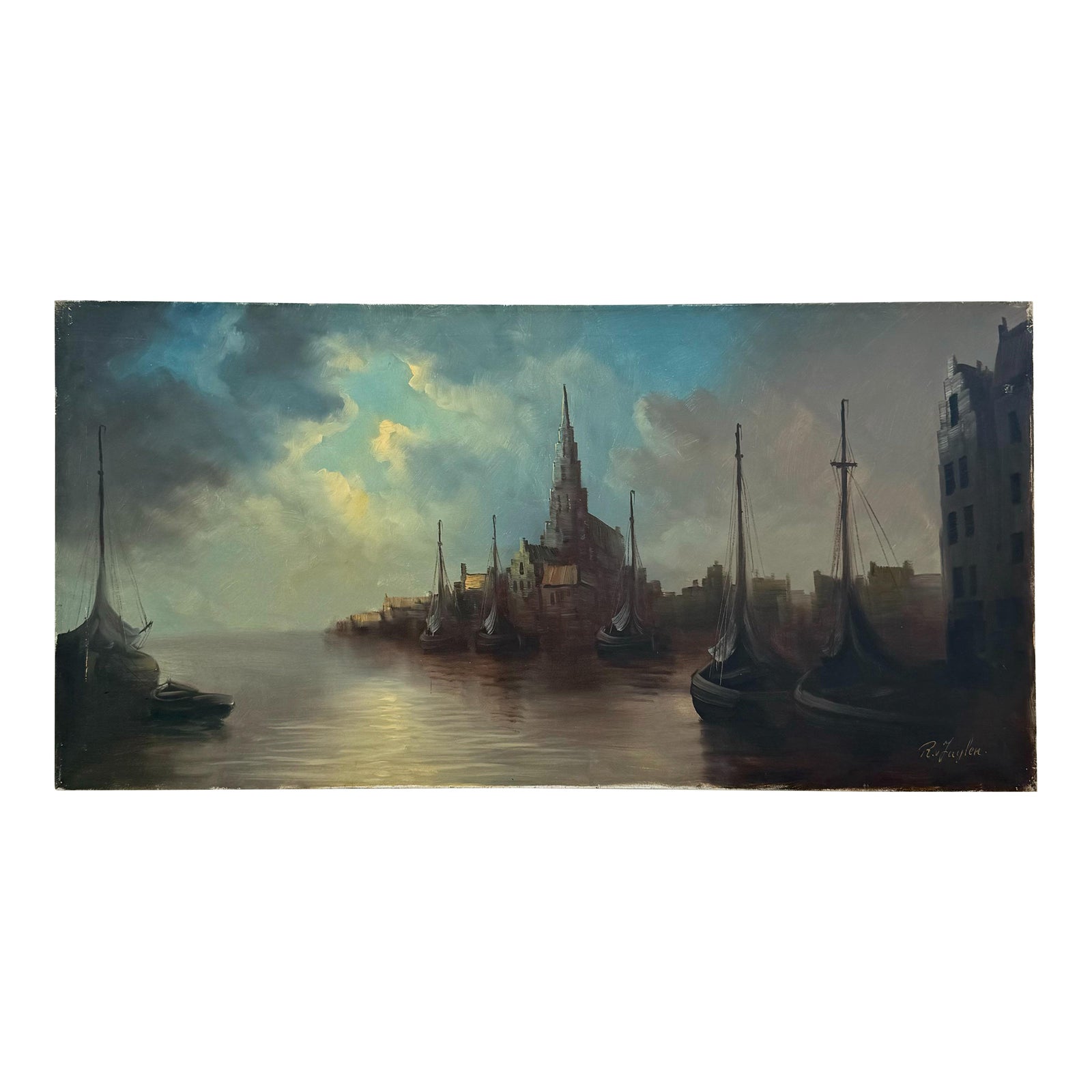 Vintage Boho Abstract Signed Seascape Oil on Canvas