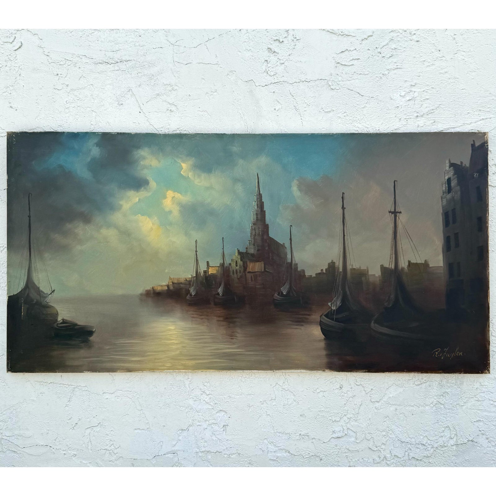 Vintage Boho Abstract Signed Seascape Oil on Canvas - Side view