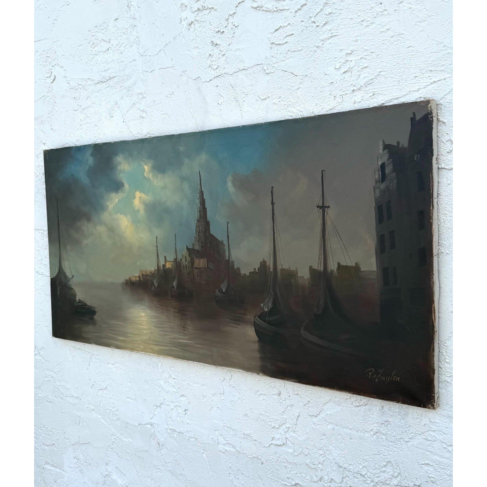 Vintage Boho Abstract Signed Seascape Oil on Canvas - Top view