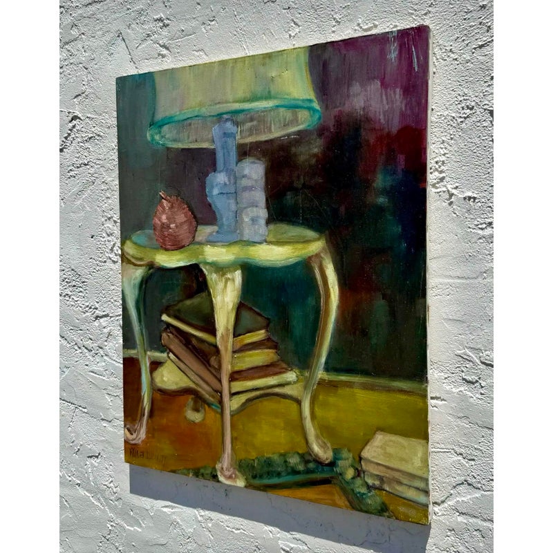 Vintage Boho Abstract Still Life Oil on Canvas Signed by the Artist - Side view