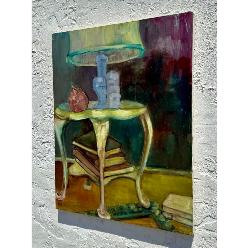 Vintage Boho Abstract Still Life Oil on Canvas Signed by the Artist - Back view