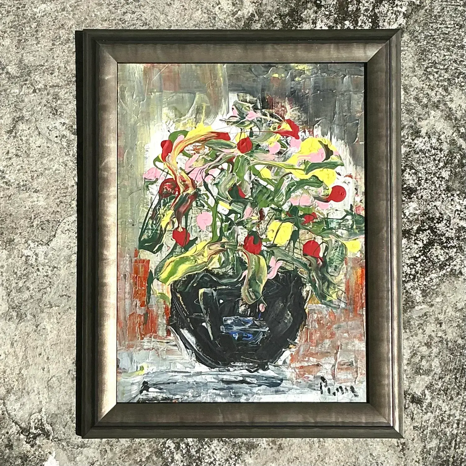 Vintage Boho Andrew Plum Abstract Floral Original Painting - Back view