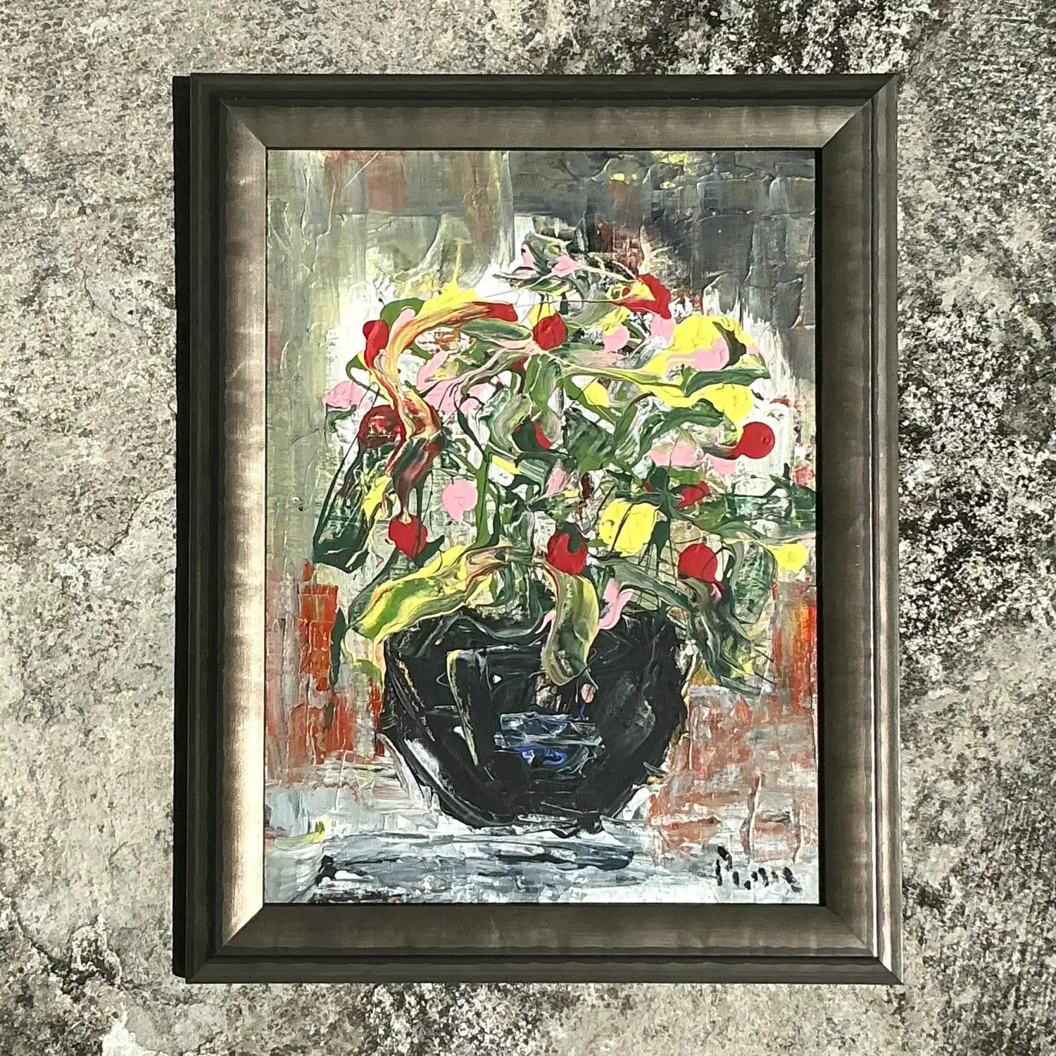 Vintage Boho Andrew Plum Abstract Floral Original Painting - Top view