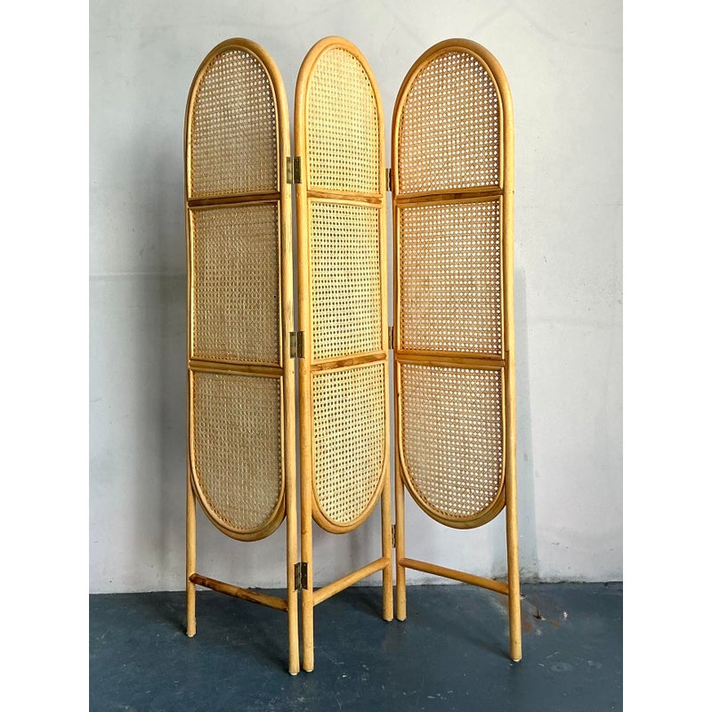 Vintage Boho Arched Cane Folding Screen - Side view