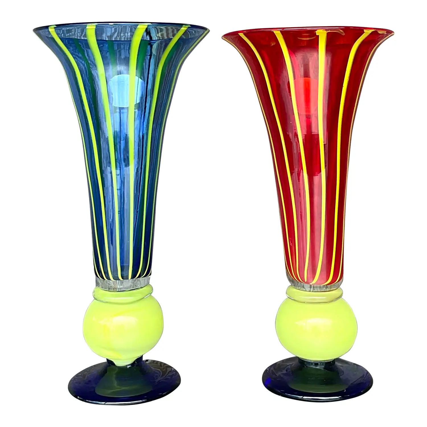 Vintage Boho Art Glass Trumpet Vases - Set of 2