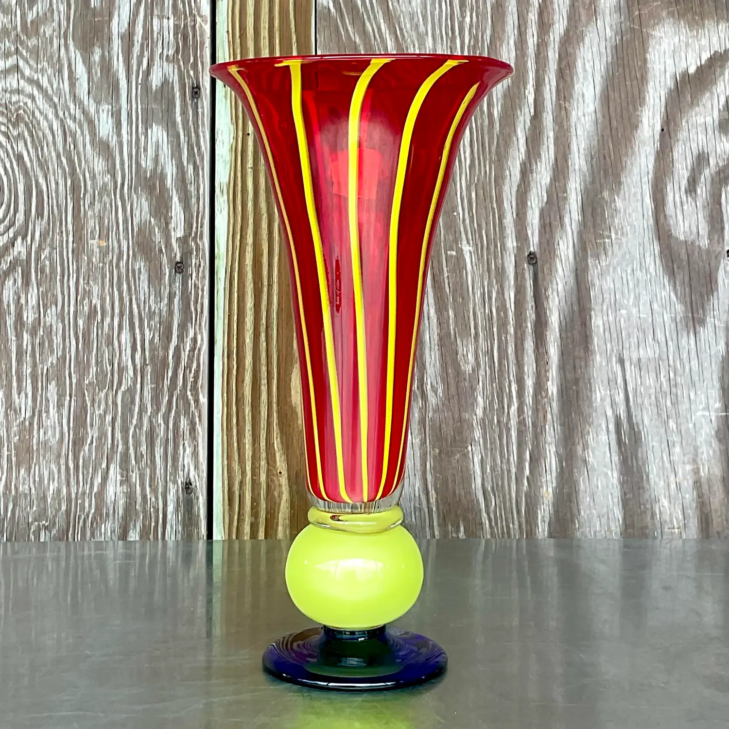 Vintage Boho Art Glass Trumpet Vases - Set of 2 - Side view