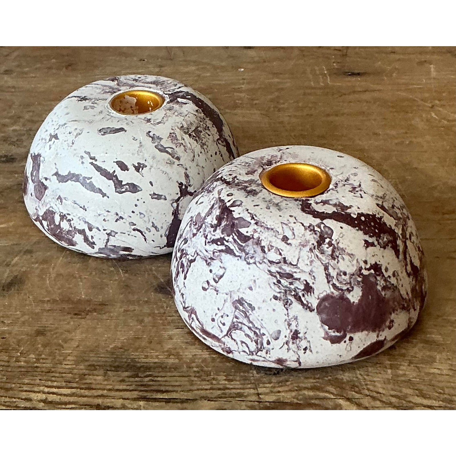Vintage Boho Artisan Pigmented Plaster Scagliola Low Dome Candlestick Holders - Set of 2