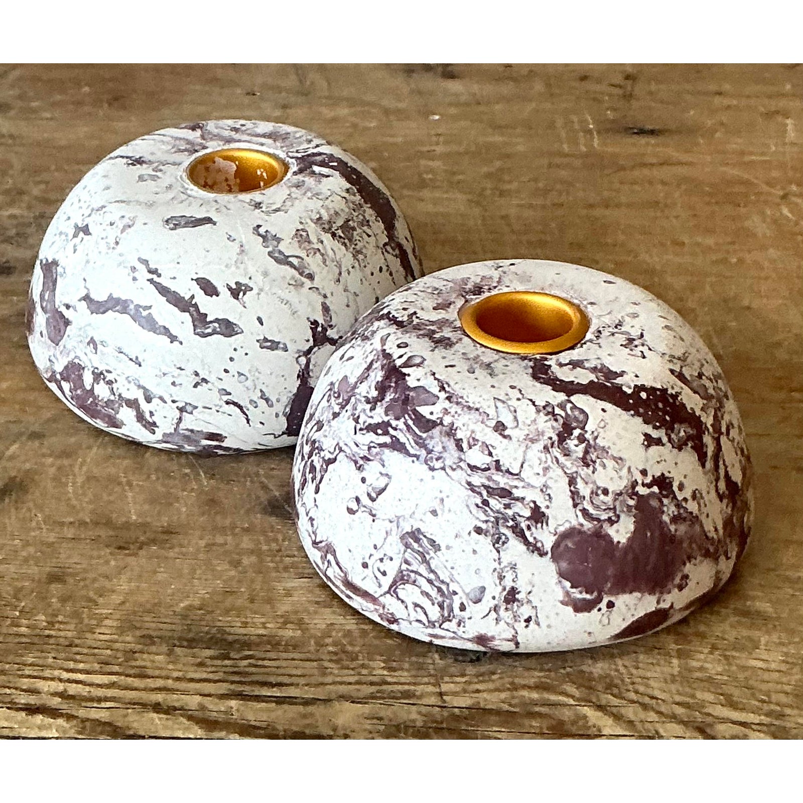 Vintage Boho Artisan Pigmented Plaster Scagliola Low Dome Candlestick Holders - Set of 2 - Top view