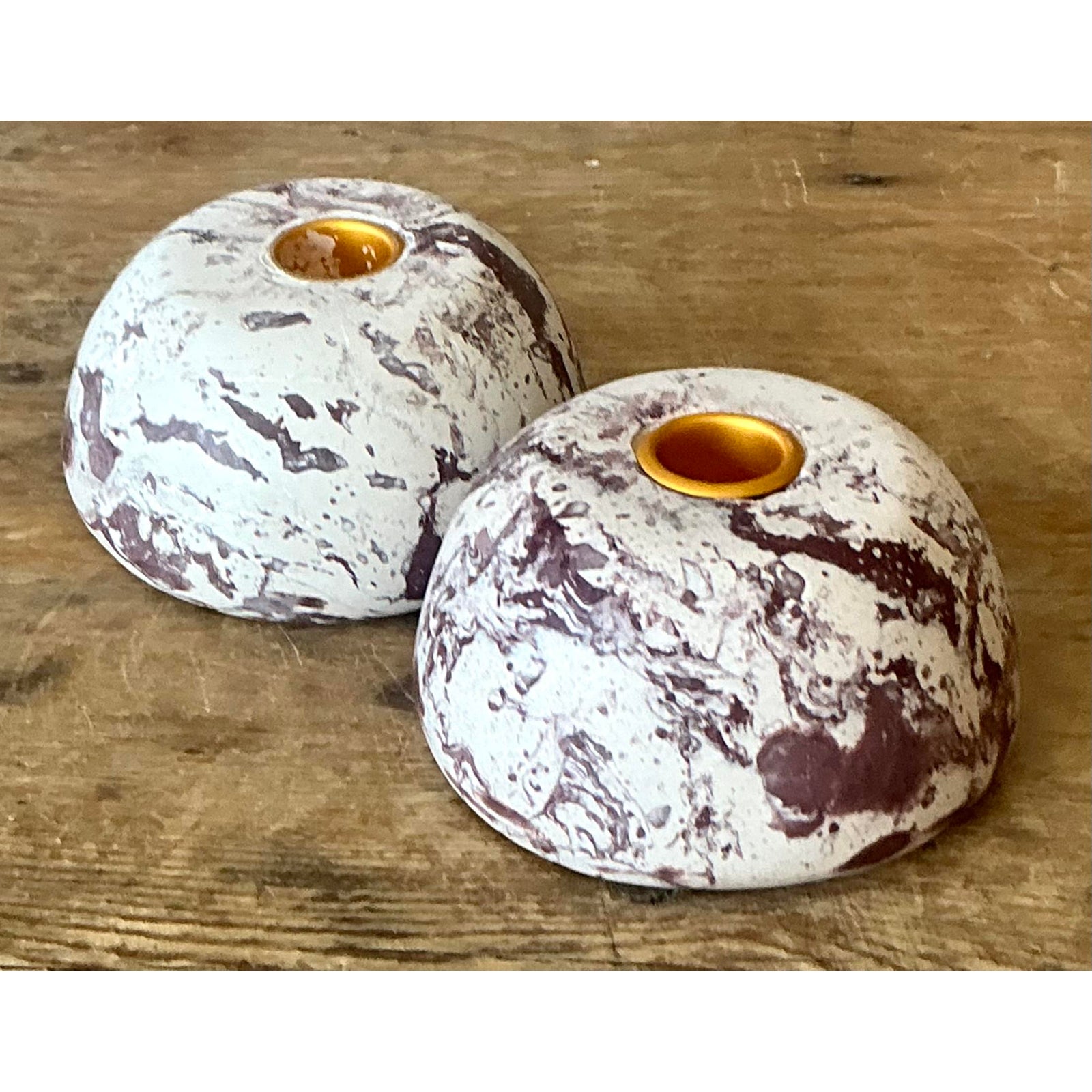 Vintage Boho Artisan Pigmented Plaster Scagliola Low Dome Candlestick Holders - Set of 2 - Detail view