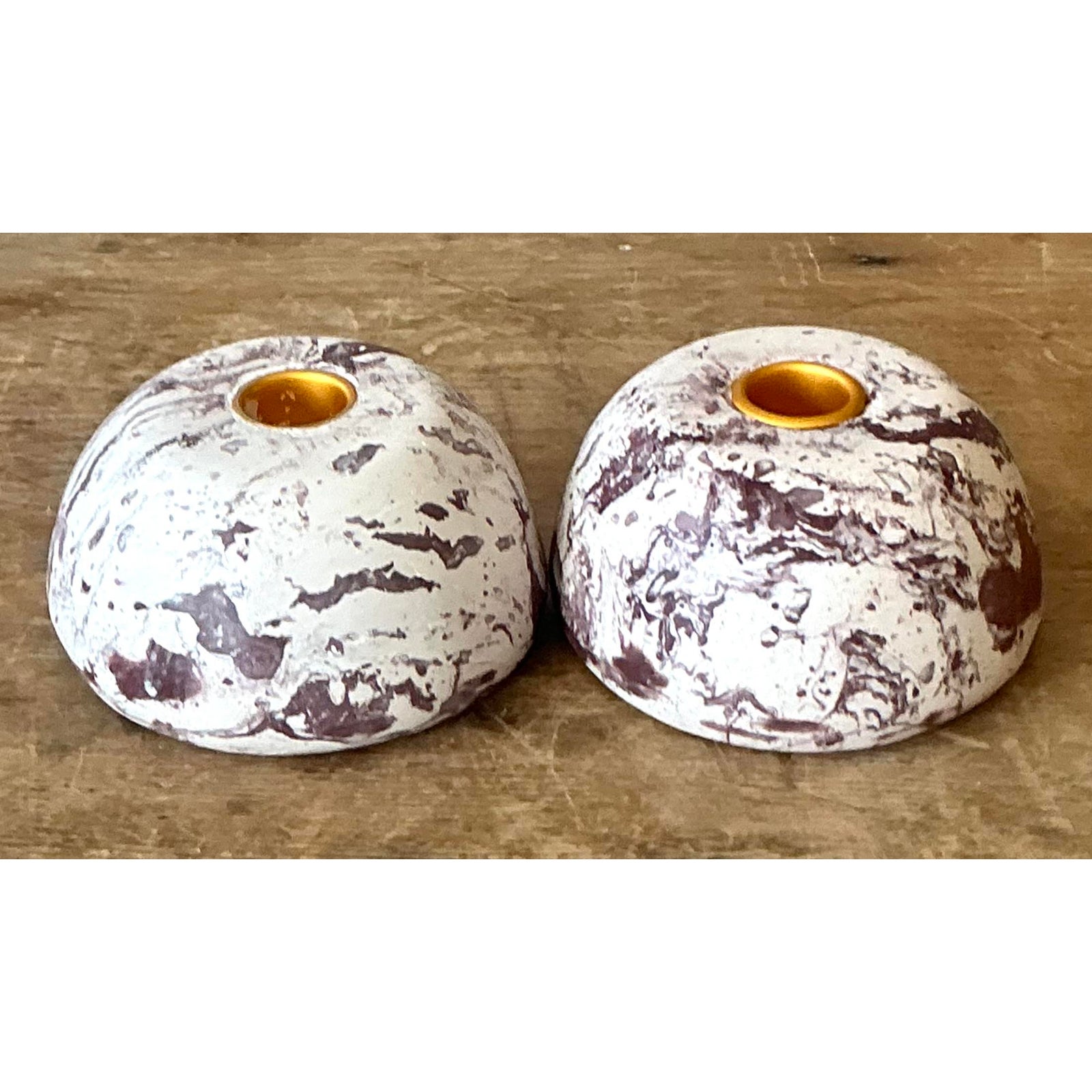 Vintage Boho Artisan Pigmented Plaster Scagliola Low Dome Candlestick Holders - Set of 2 - Side view