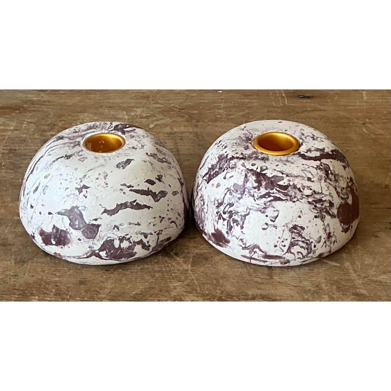 Vintage Boho Artisan Pigmented Plaster Scagliola Low Dome Candlestick Holders - Set of 2 - Back view