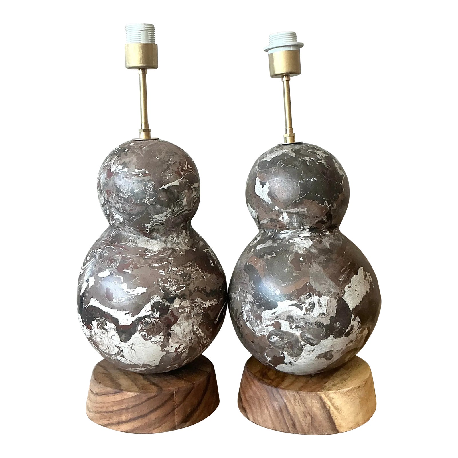 Vintage Boho Artisanal Scagliola Pigmented Plaster Gourd Lamps - A Pair