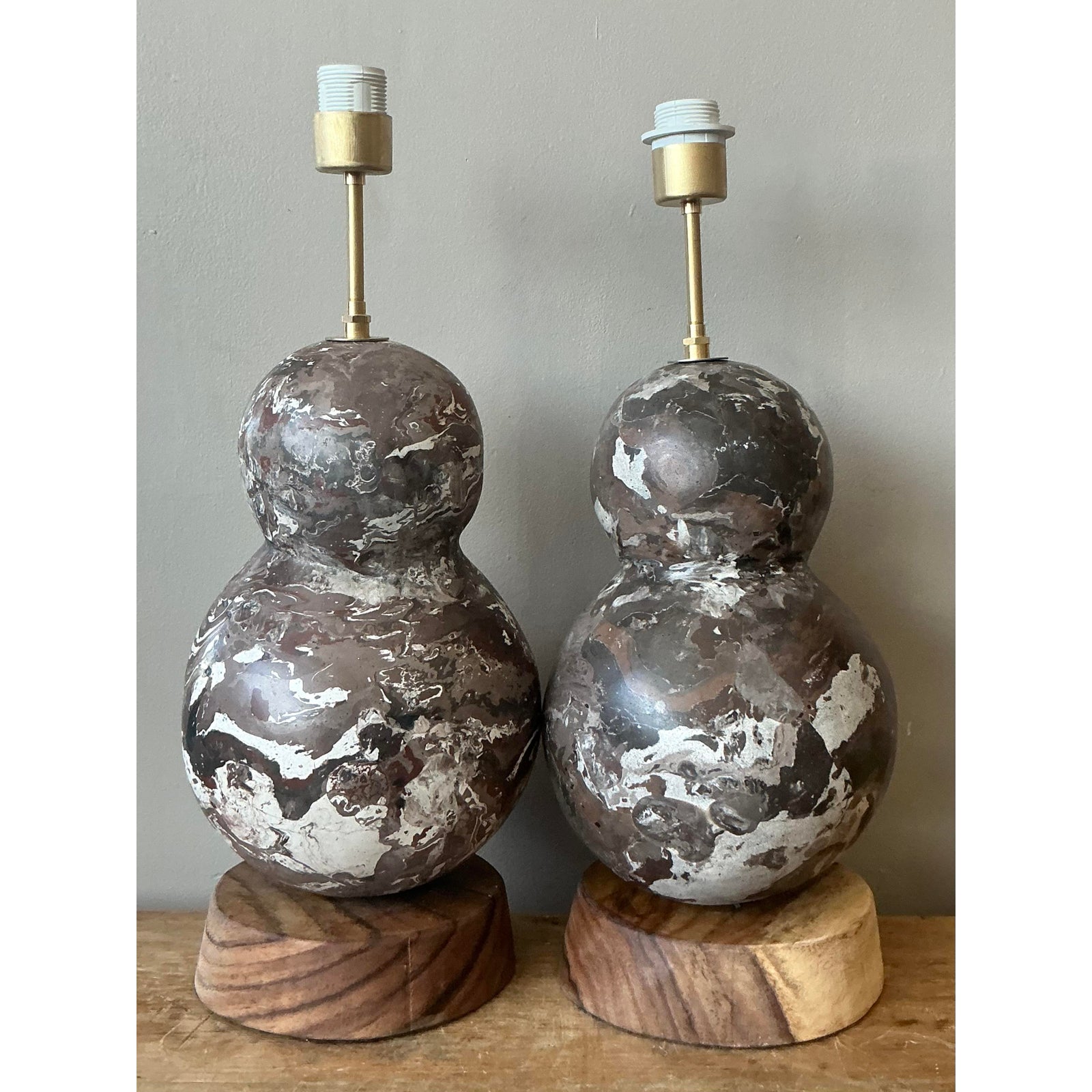 Vintage Boho Artisanal Scagliola Pigmented Plaster Gourd Lamps - A Pair - Side view