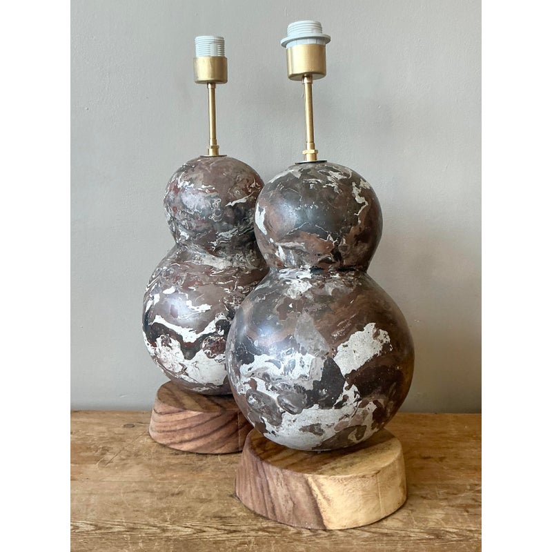 Vintage Boho Artisanal Scagliola Pigmented Plaster Gourd Lamps - A Pair - Top view