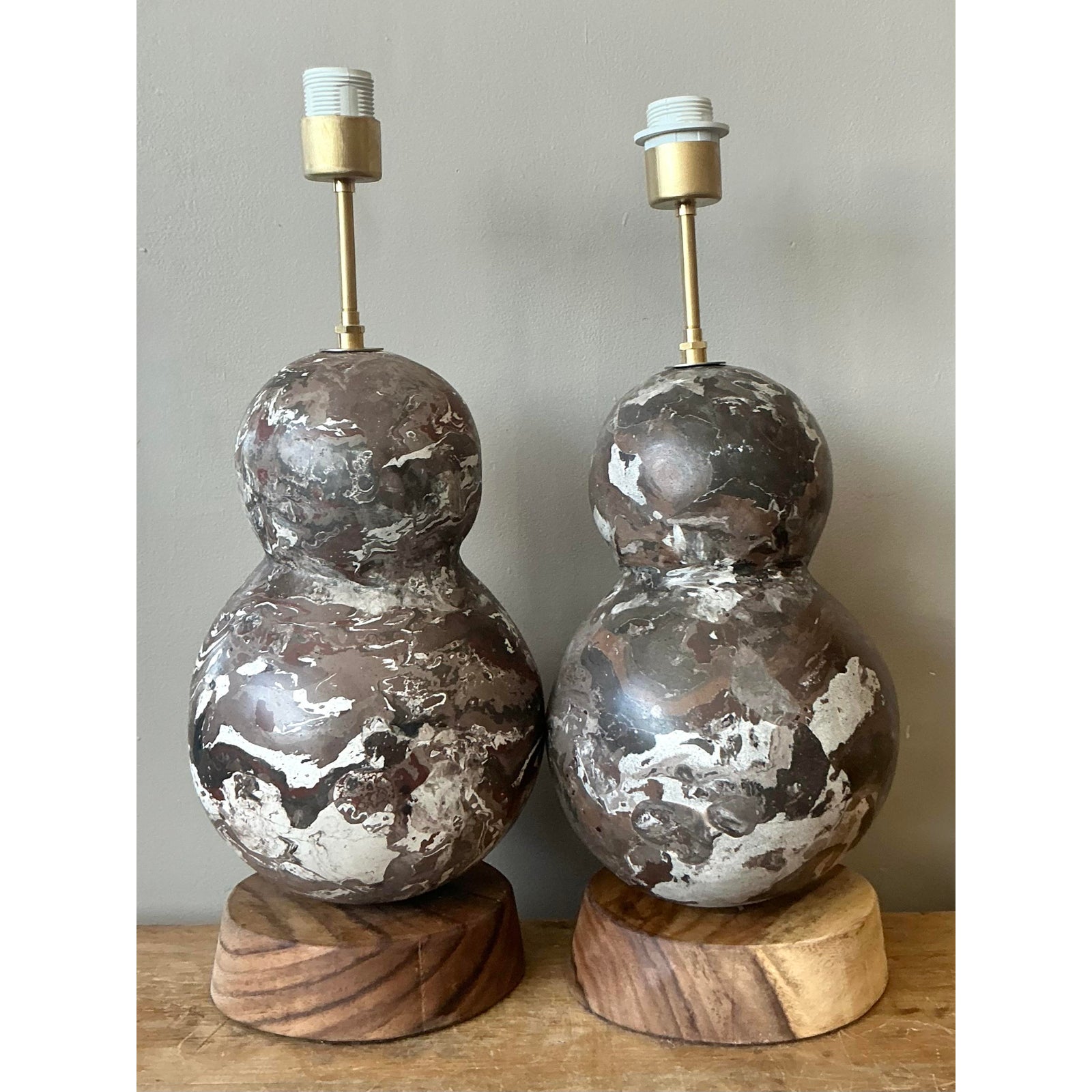 Vintage Boho Artisanal Scagliola Pigmented Plaster Gourd Lamps - A Pair - Detail view
