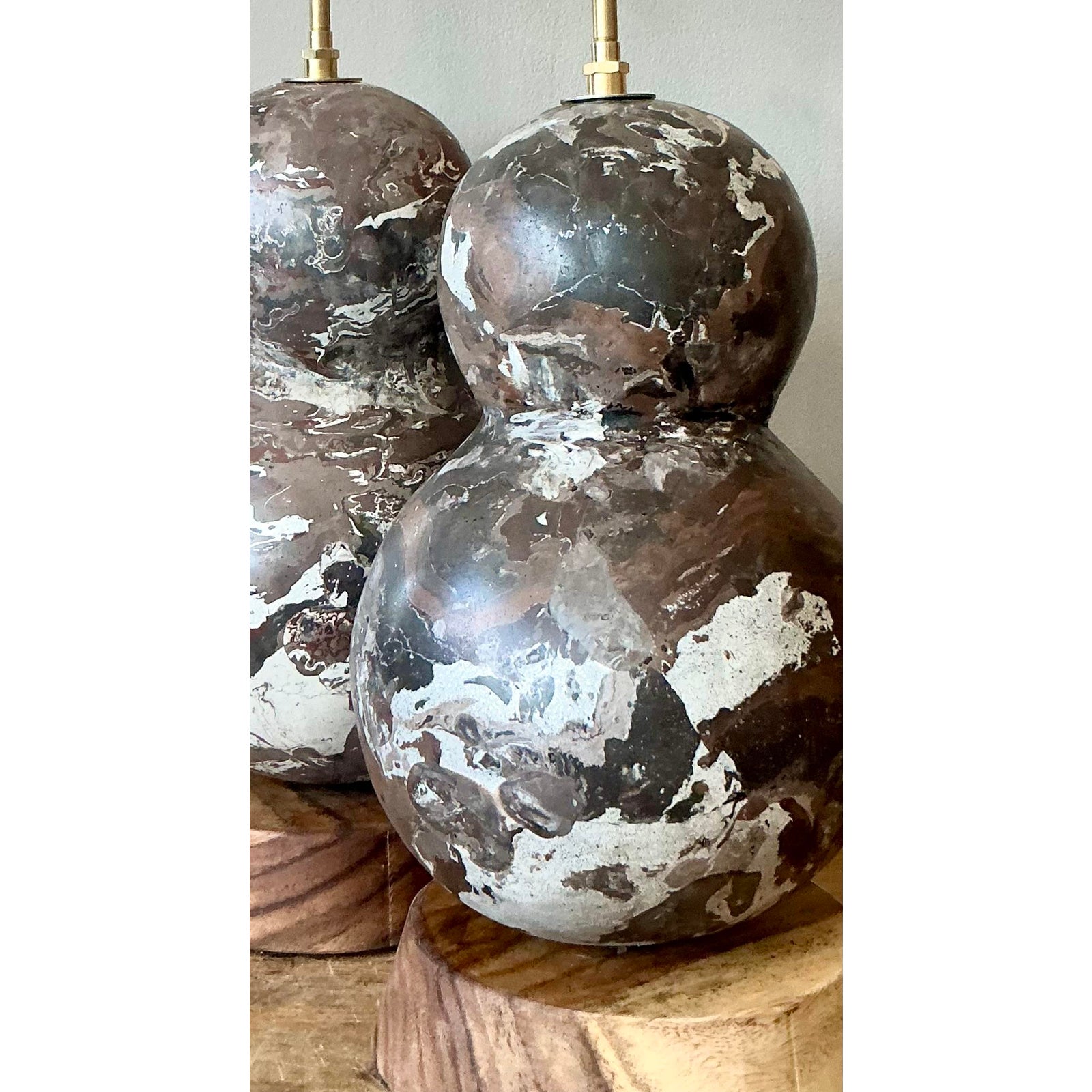 Vintage Boho Artisanal Scagliola Pigmented Plaster Gourd Lamps - A Pair - Back view