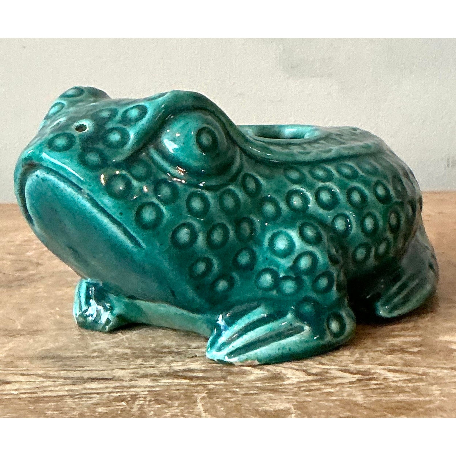 Vintage Boho Asian Glazed Ceramic Frog Planter - Detail view