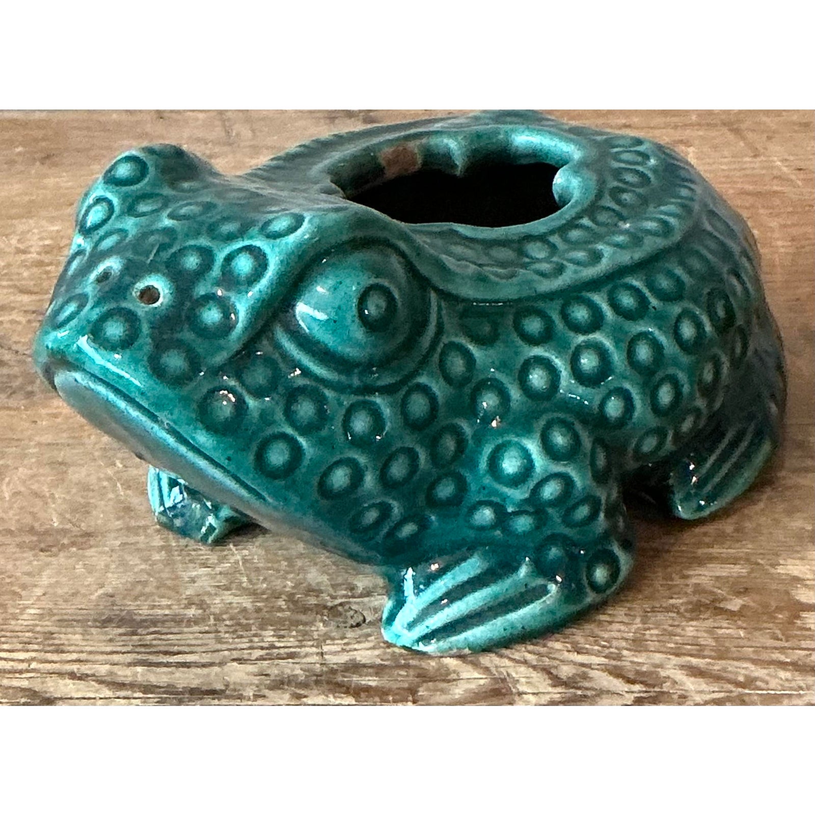 Vintage Boho Asian Glazed Ceramic Frog Planter - Side view
