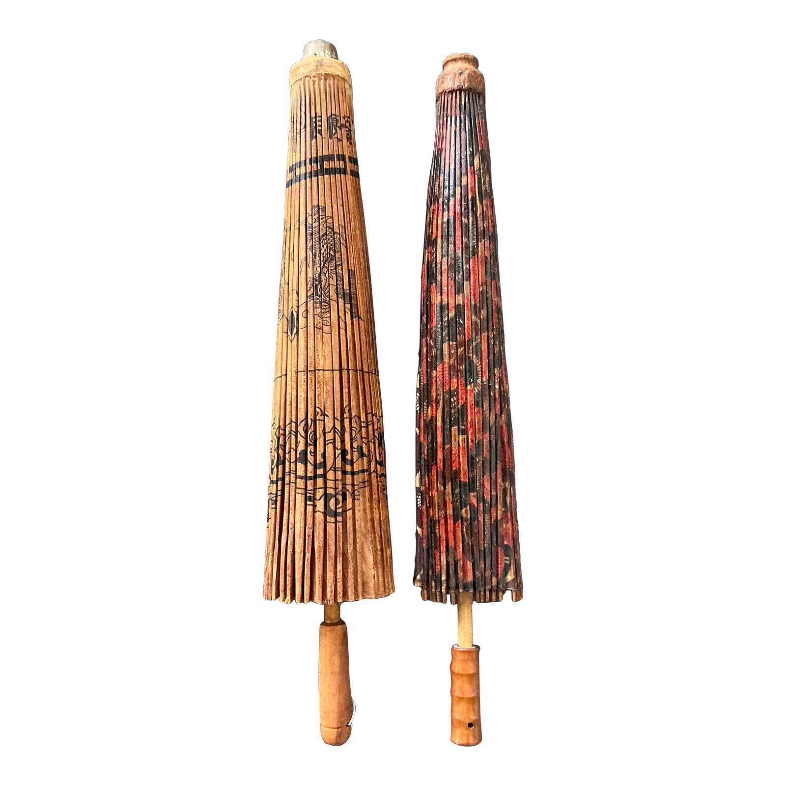 Vintage Boho Asian Patinated Paper Parasols - Set of 2