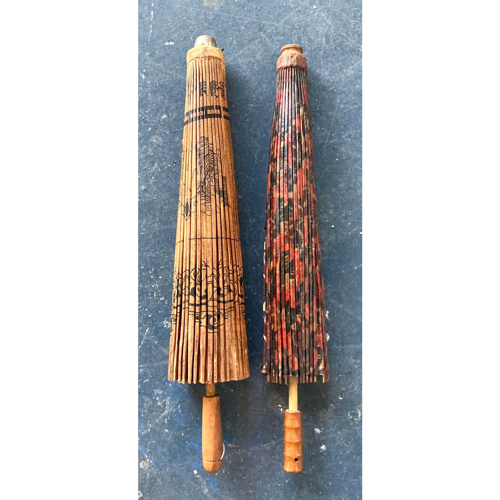 Vintage Boho Asian Patinated Paper Parasols - Set of 2 - Top view