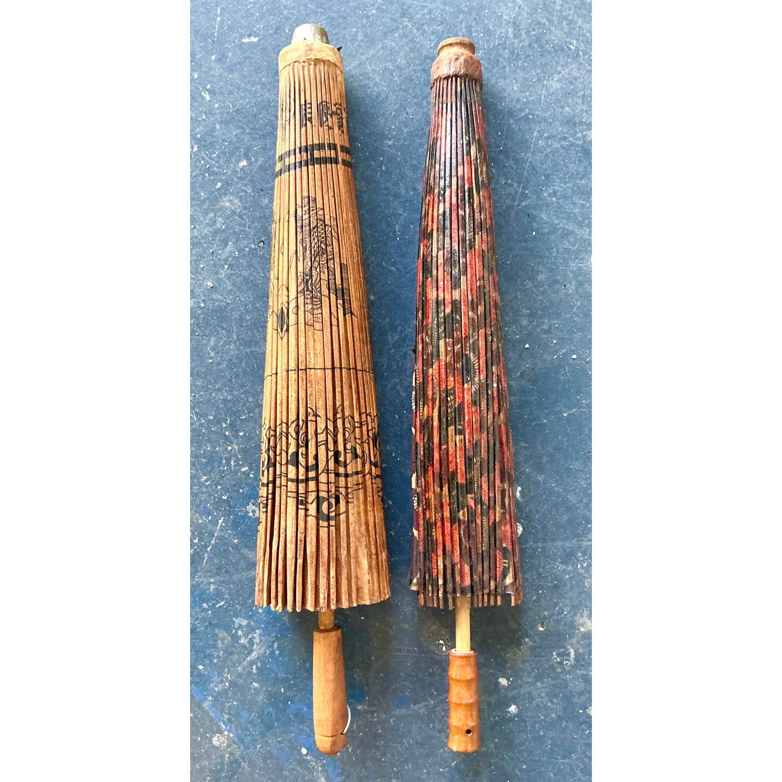 Vintage Boho Asian Patinated Paper Parasols - Set of 2 - Detail view