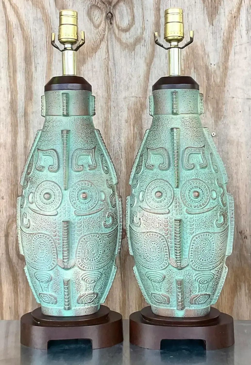 Vintage Boho Aztec Ceramic Lamps - a Pair - Top view
