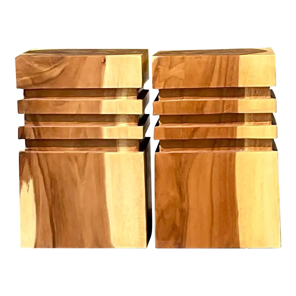 Vintage Boho Banded Wood Low Stools - a Pair