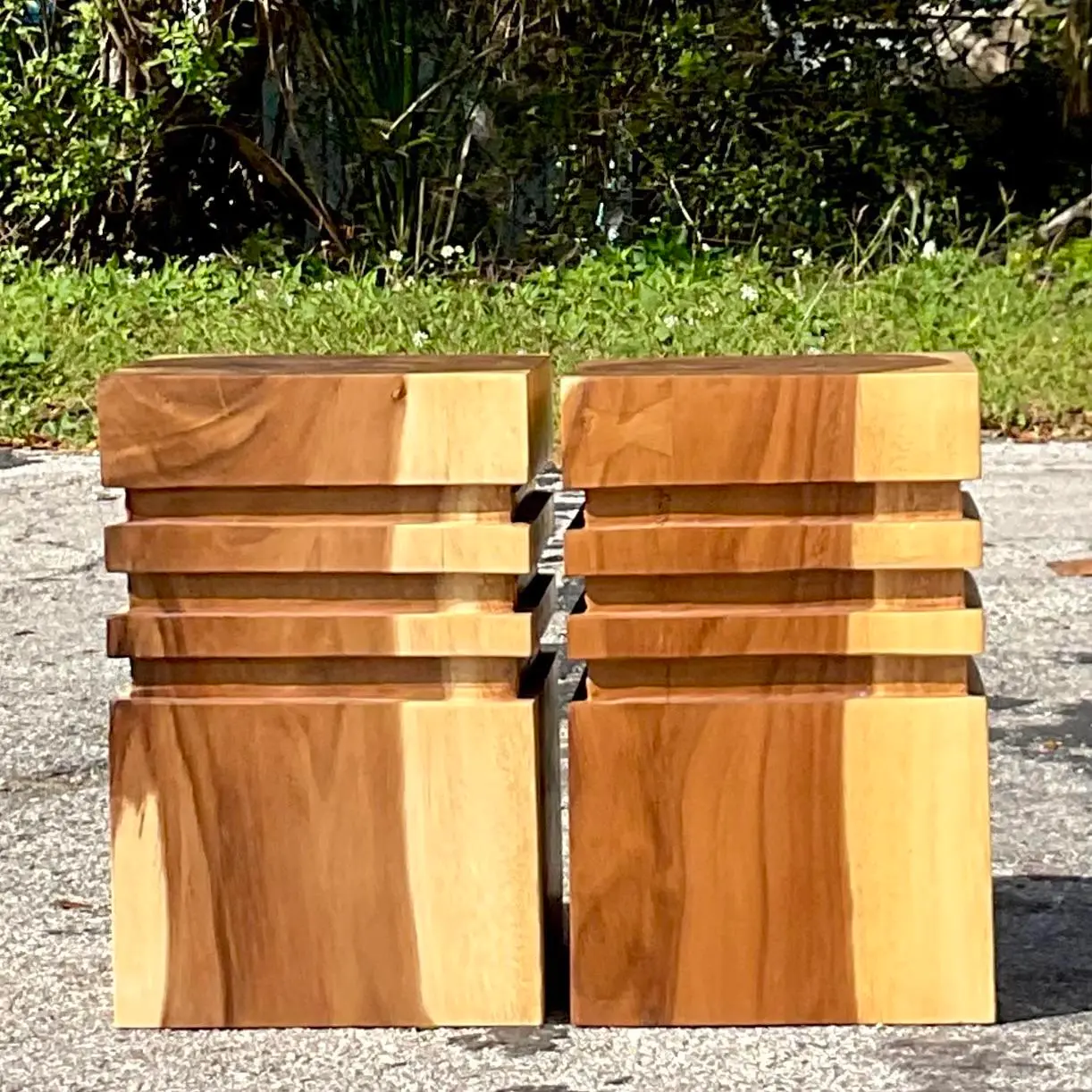 Vintage Boho Banded Wood Low Stools - a Pair - Detail view
