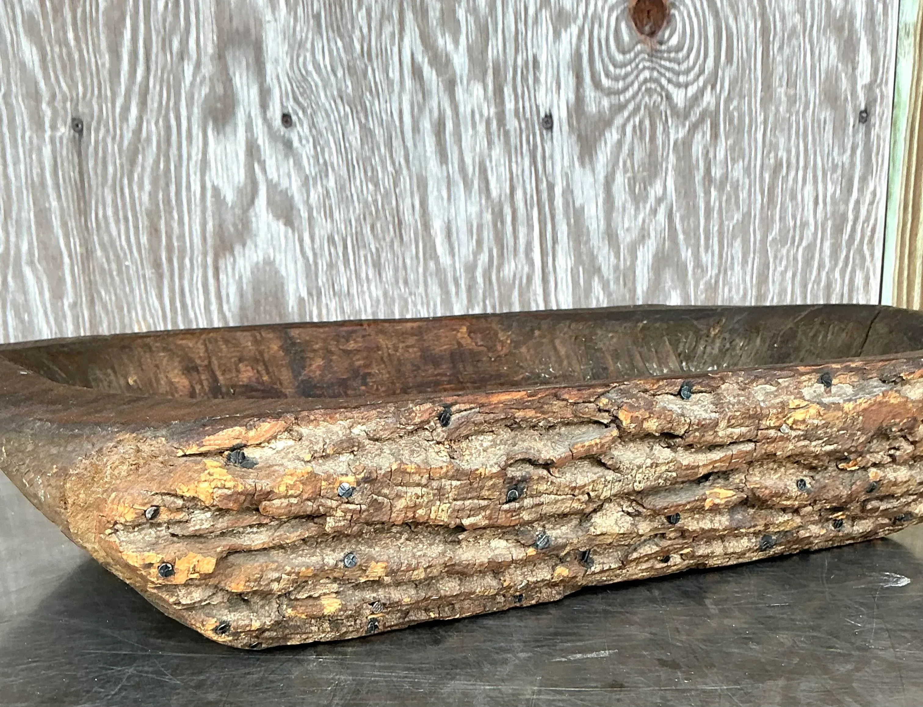 Vintage Boho Bark Covered Dough Bowl - Detail view