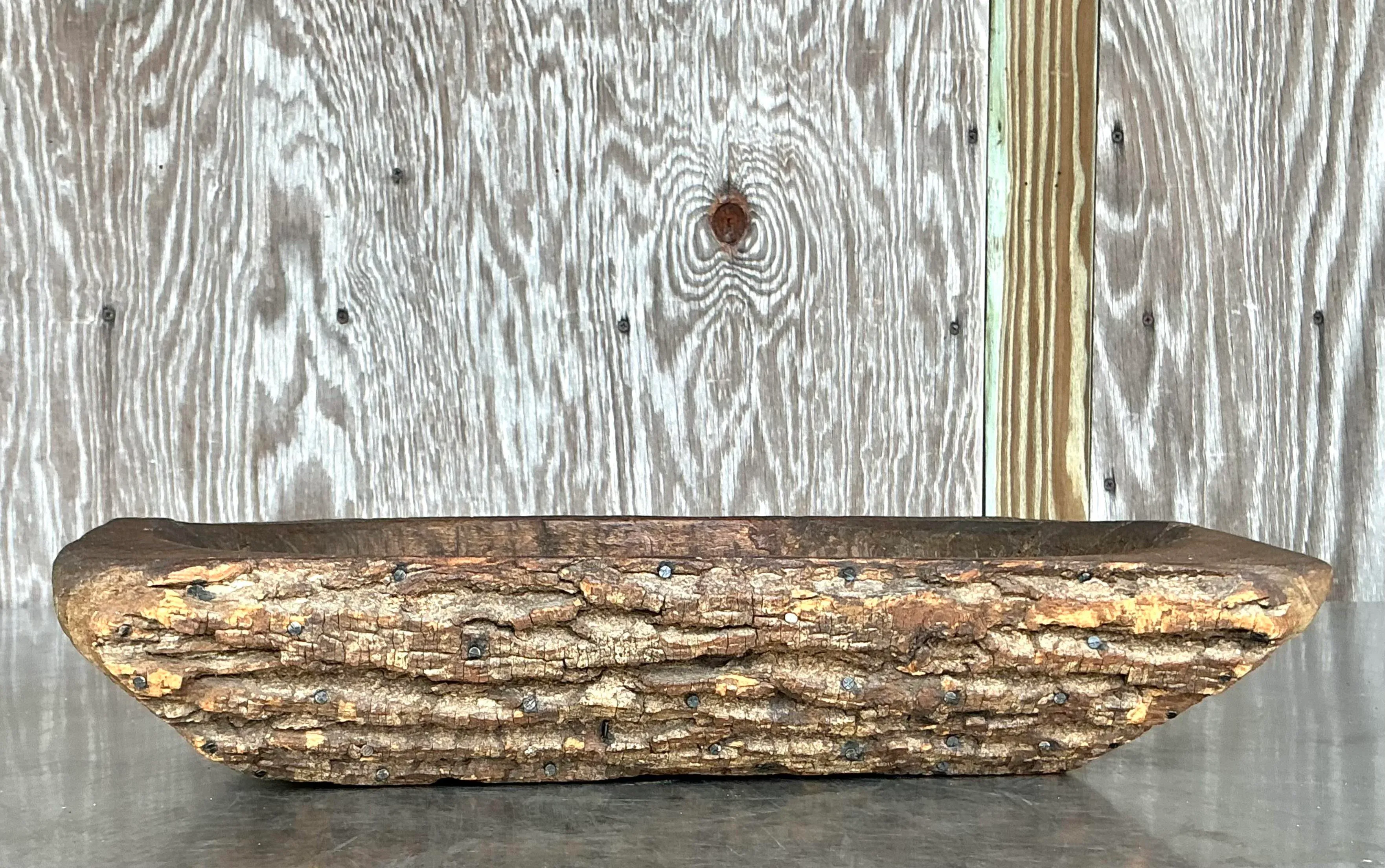 Vintage Boho Bark Covered Dough Bowl - Side view