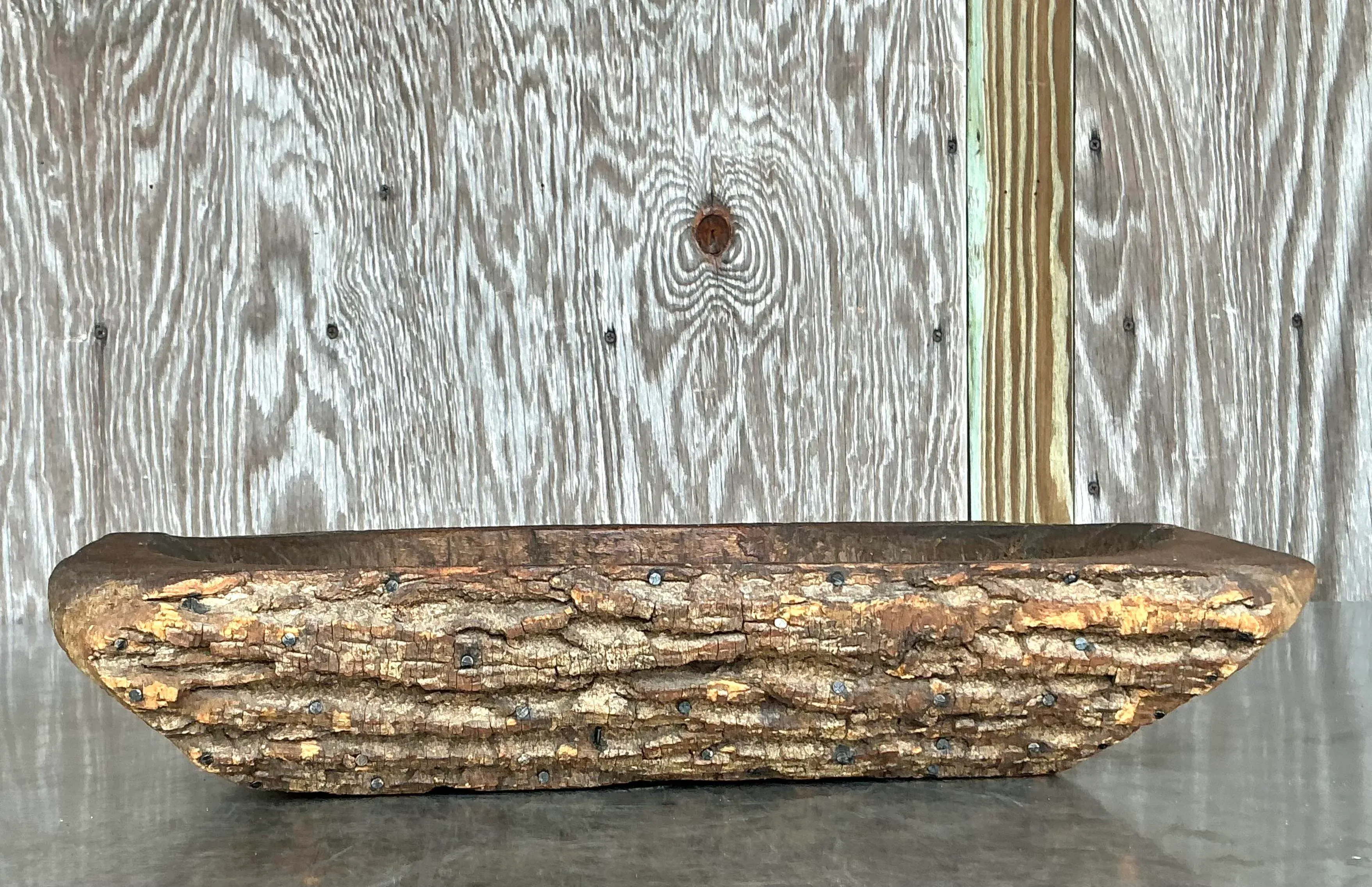Vintage Boho Bark Covered Dough Bowl - Top view