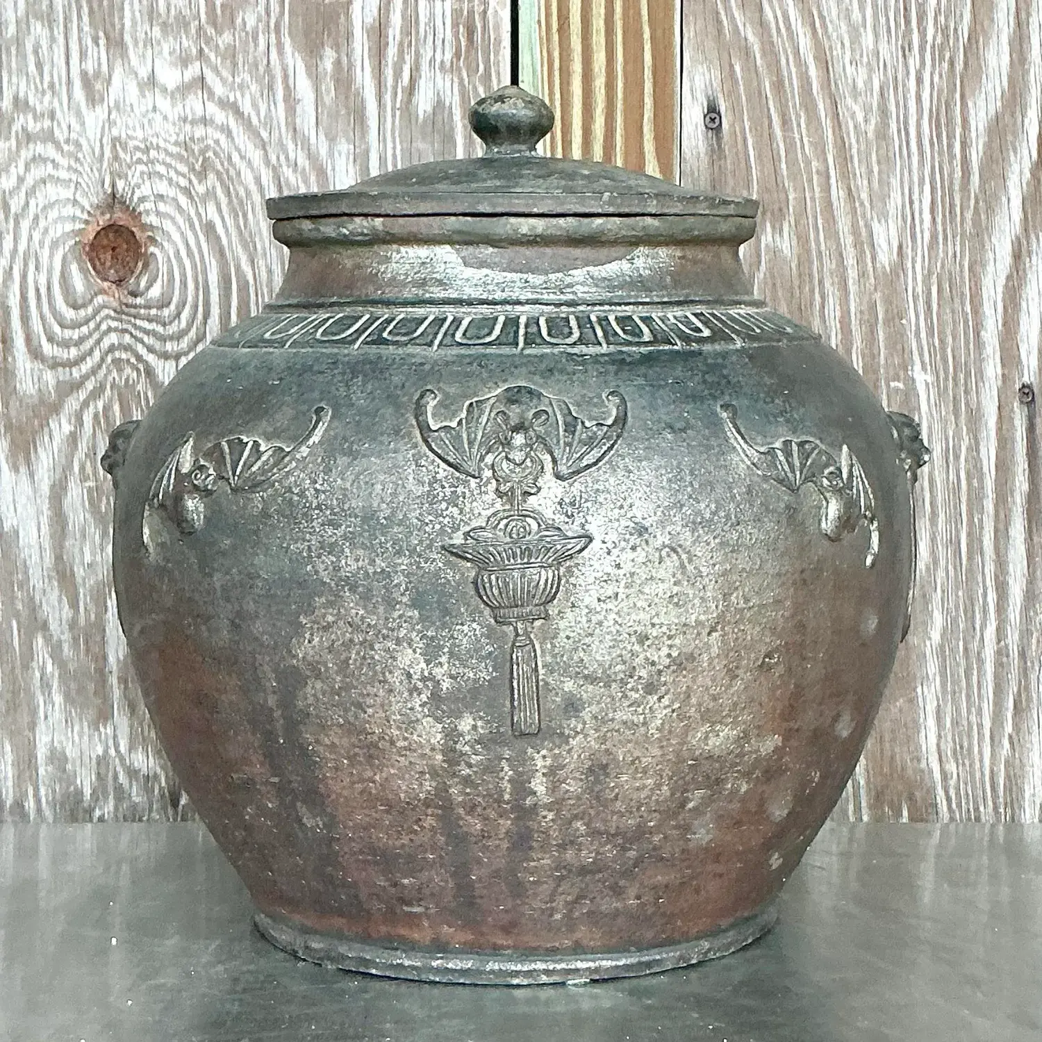 Vintage Boho Bat Wing Lidded Urn - Back view