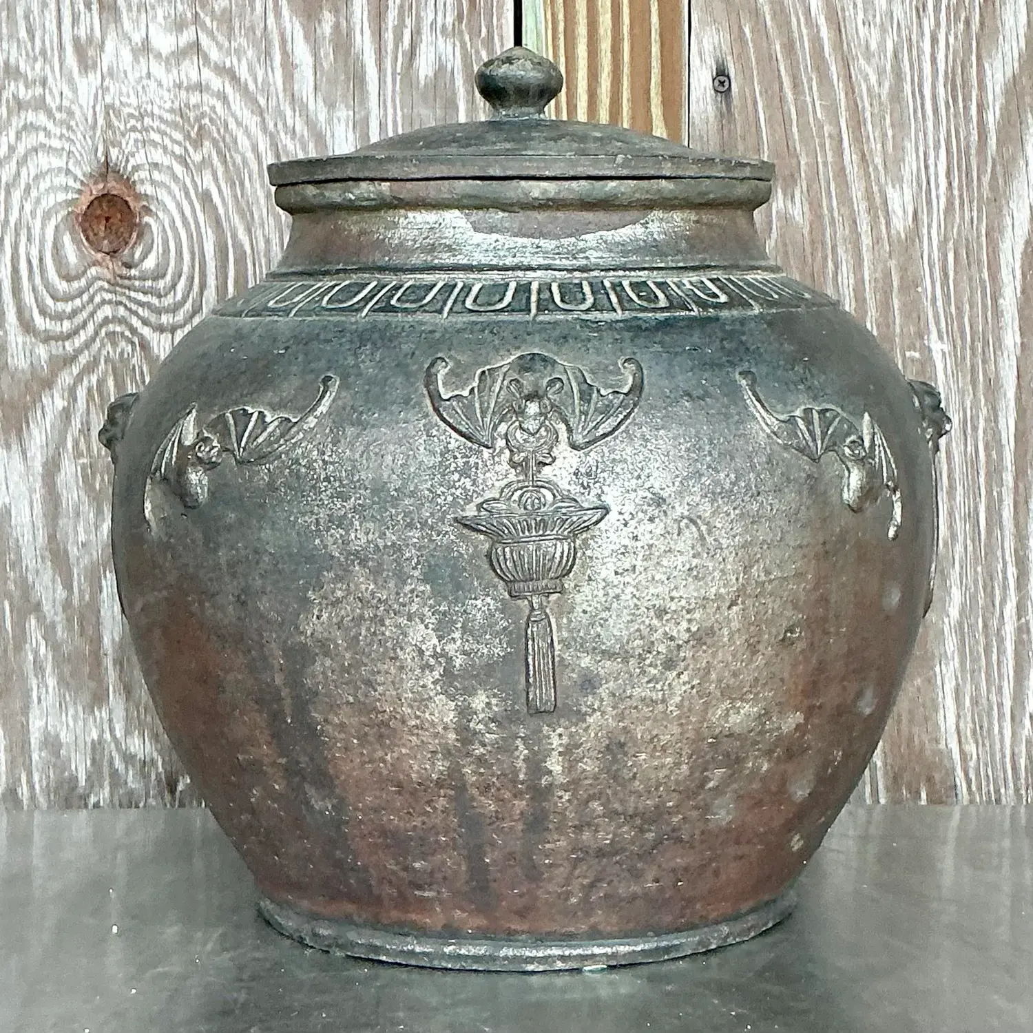 Vintage Boho Bat Wing Lidded Urn - Side view