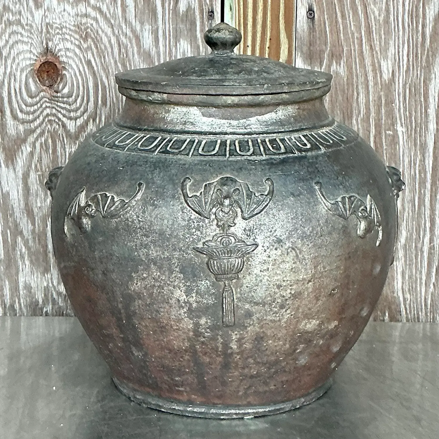 Vintage Boho Bat Wing Lidded Urn - Top view