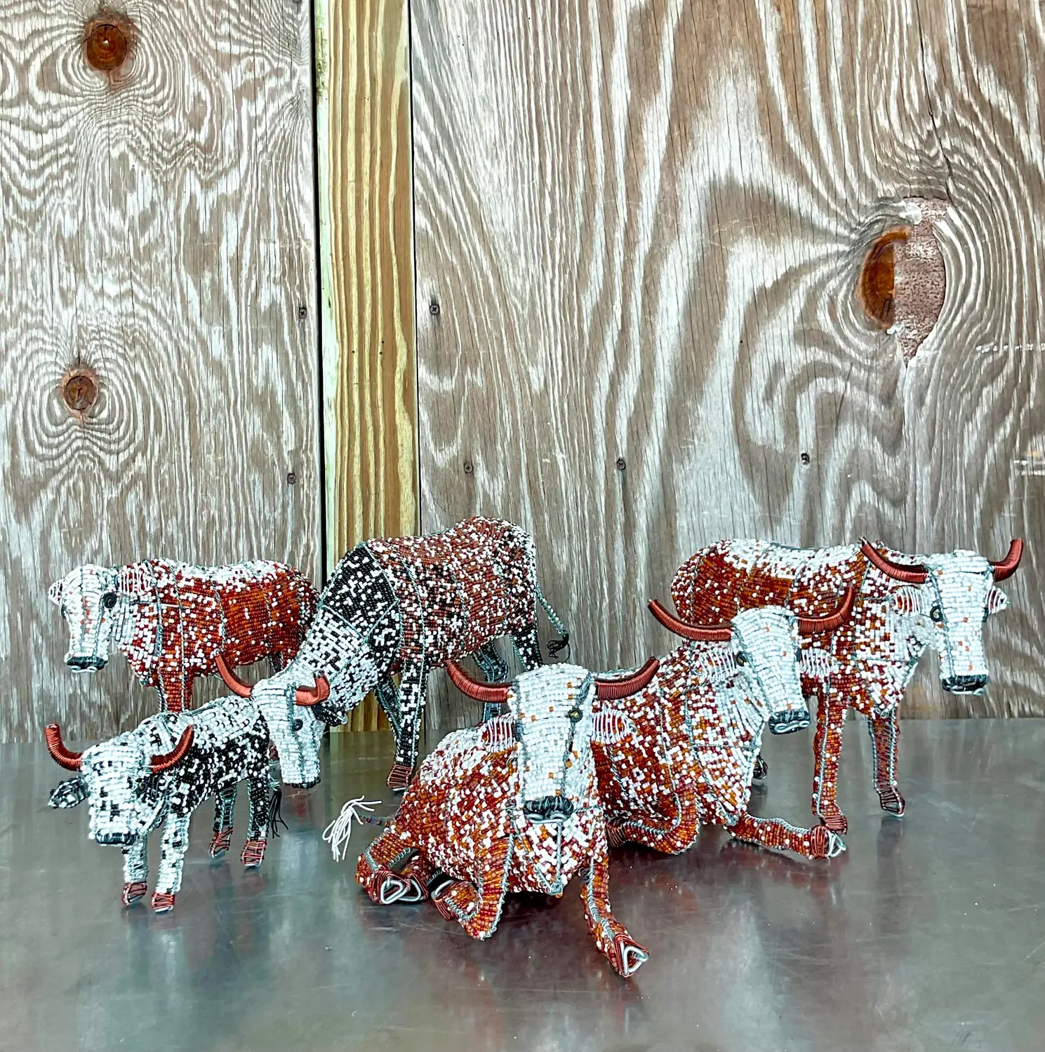 Vintage Boho Beaded Nguni Cattle - Set of 6 - Side view