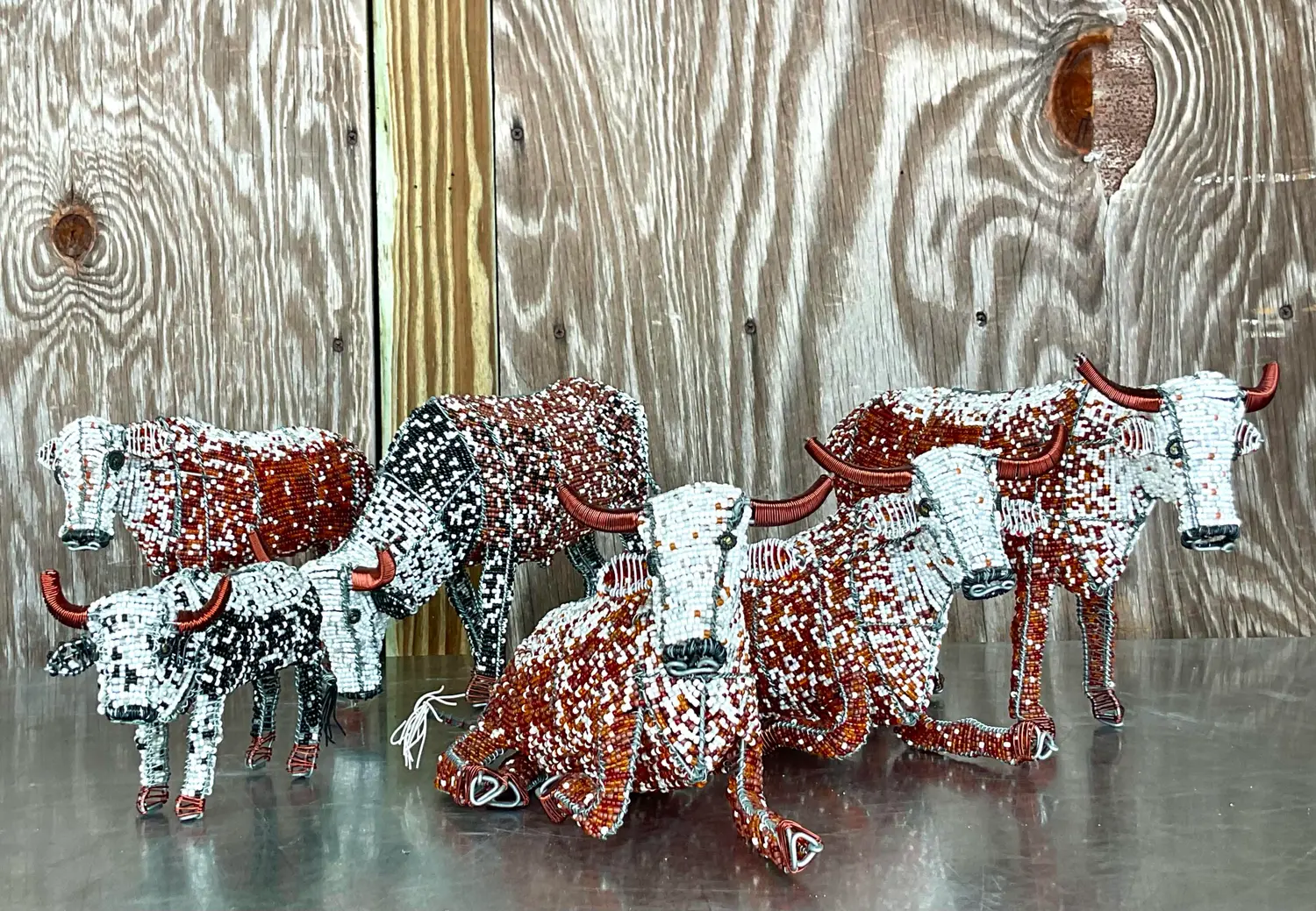 Vintage Boho Beaded Nguni Cattle - Set of 6 - Back view