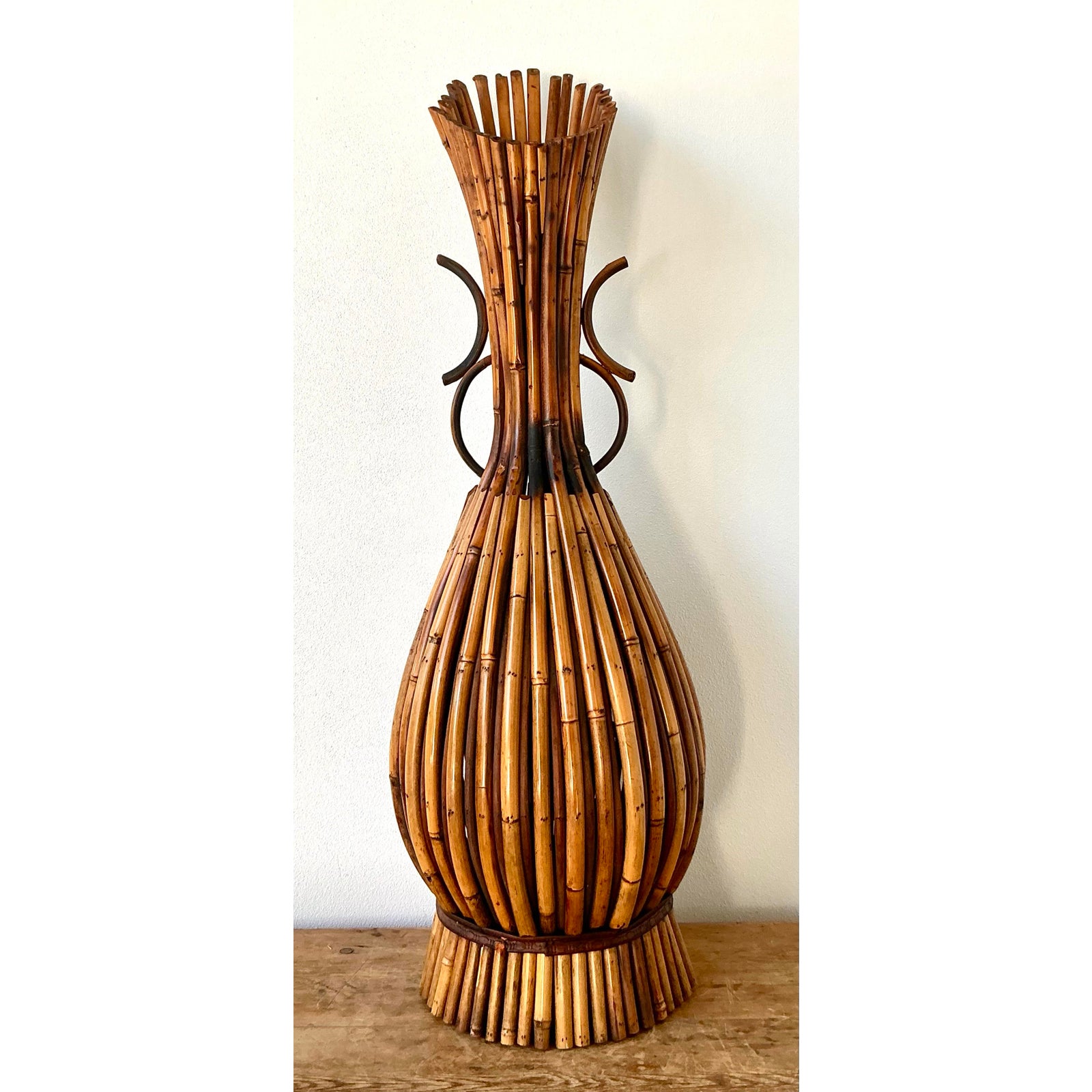 Vintage Boho Bent Bamboo Floor Vase - Side view
