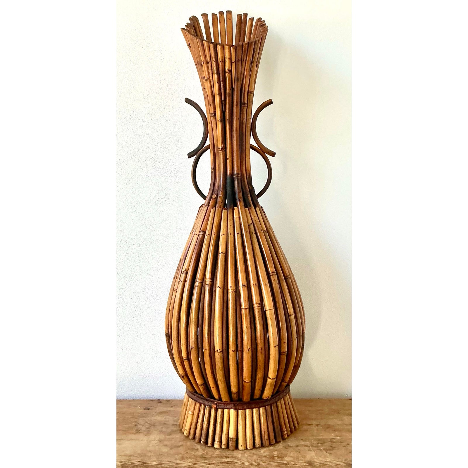 Vintage Boho Bent Bamboo Floor Vase - Top view
