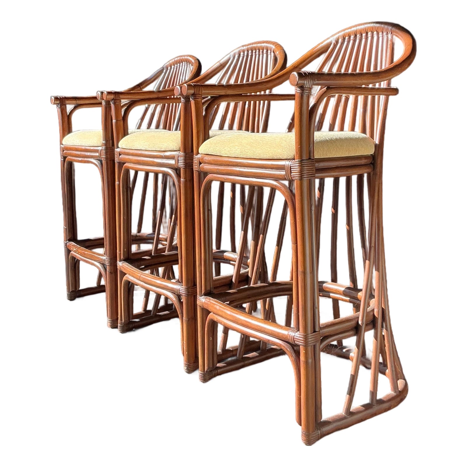 Vintage Boho Bent Rattan Bar Stools - Set of 3