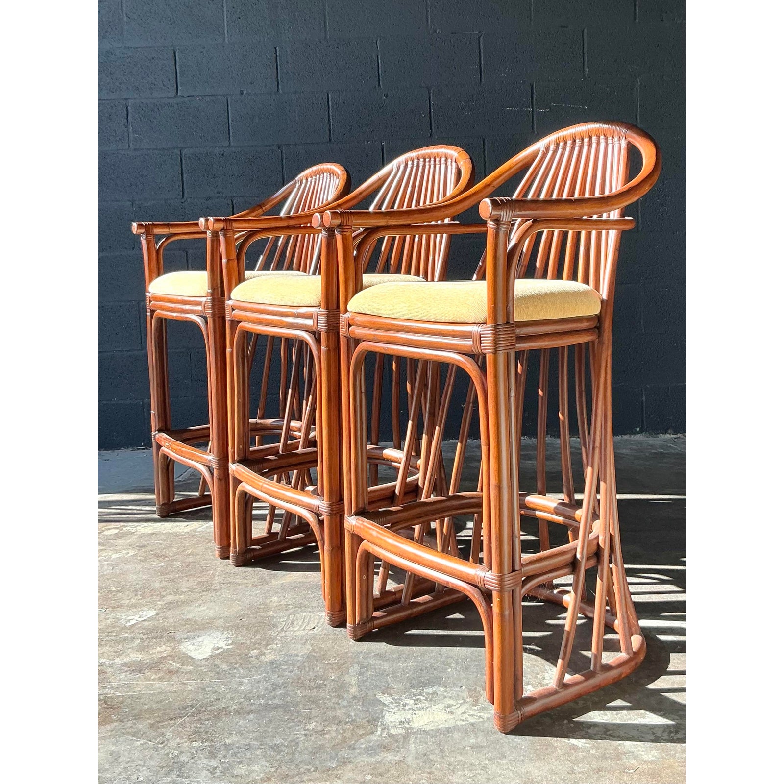 Vintage Boho Bent Rattan Bar Stools - Set of 3 - Side view