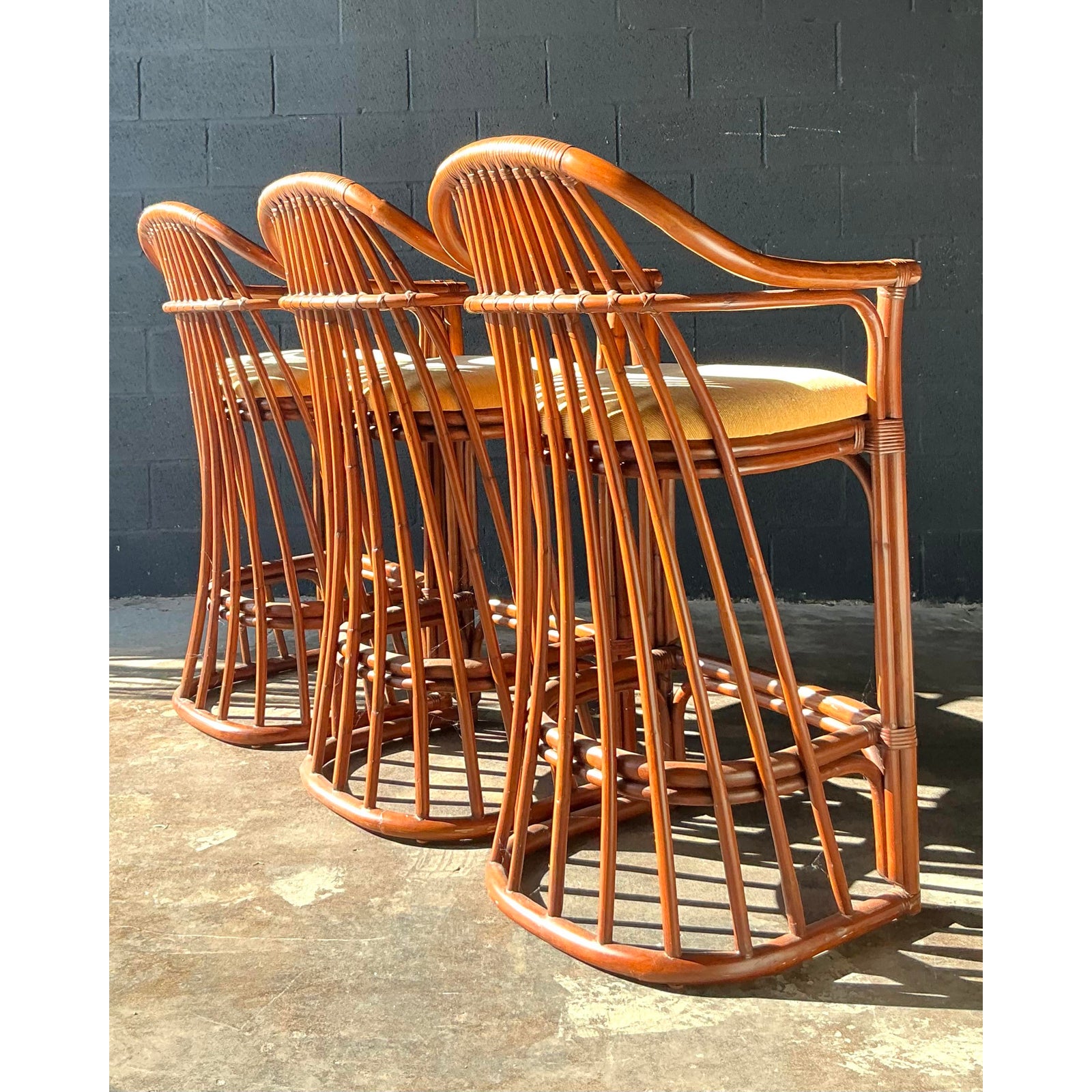 Vintage Boho Bent Rattan Bar Stools - Set of 3 - Top view