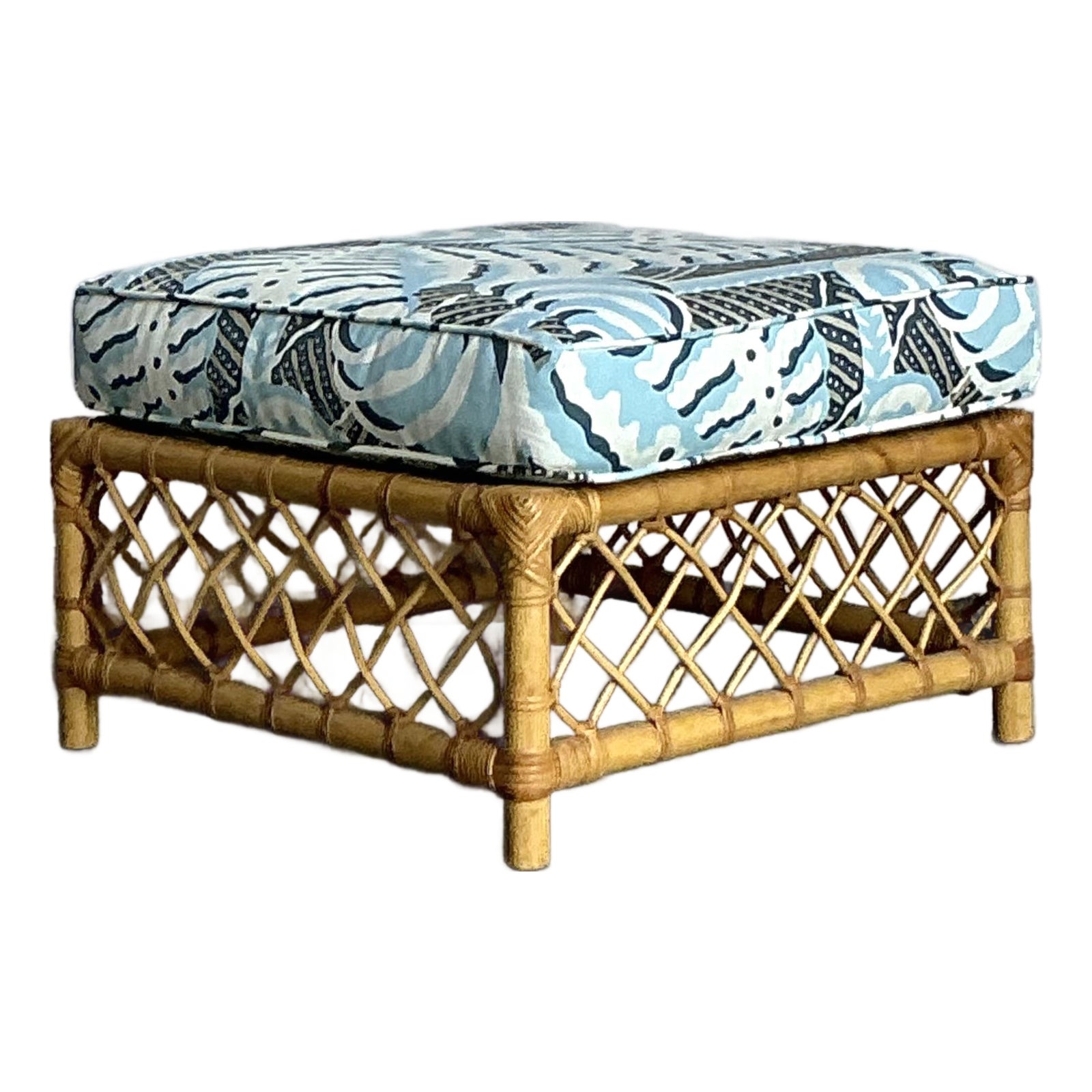 Vintage Boho Bielecky Brothers Trellis Rattan Ottoman in Alan Campbell “Ferns” - Detail view